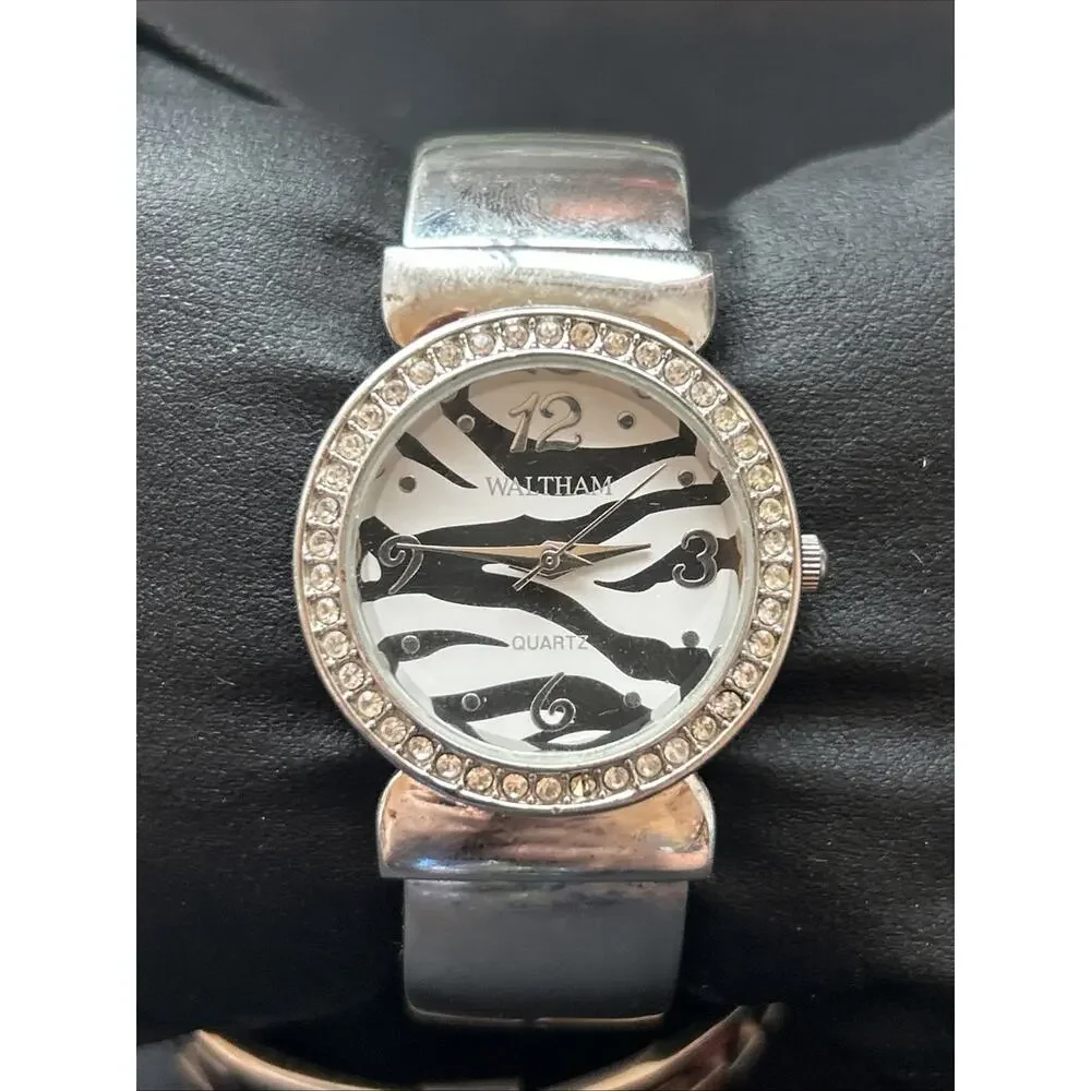 Waltham Zebra Print Dial Silver Tone Women’s Cuff Quartz Watch